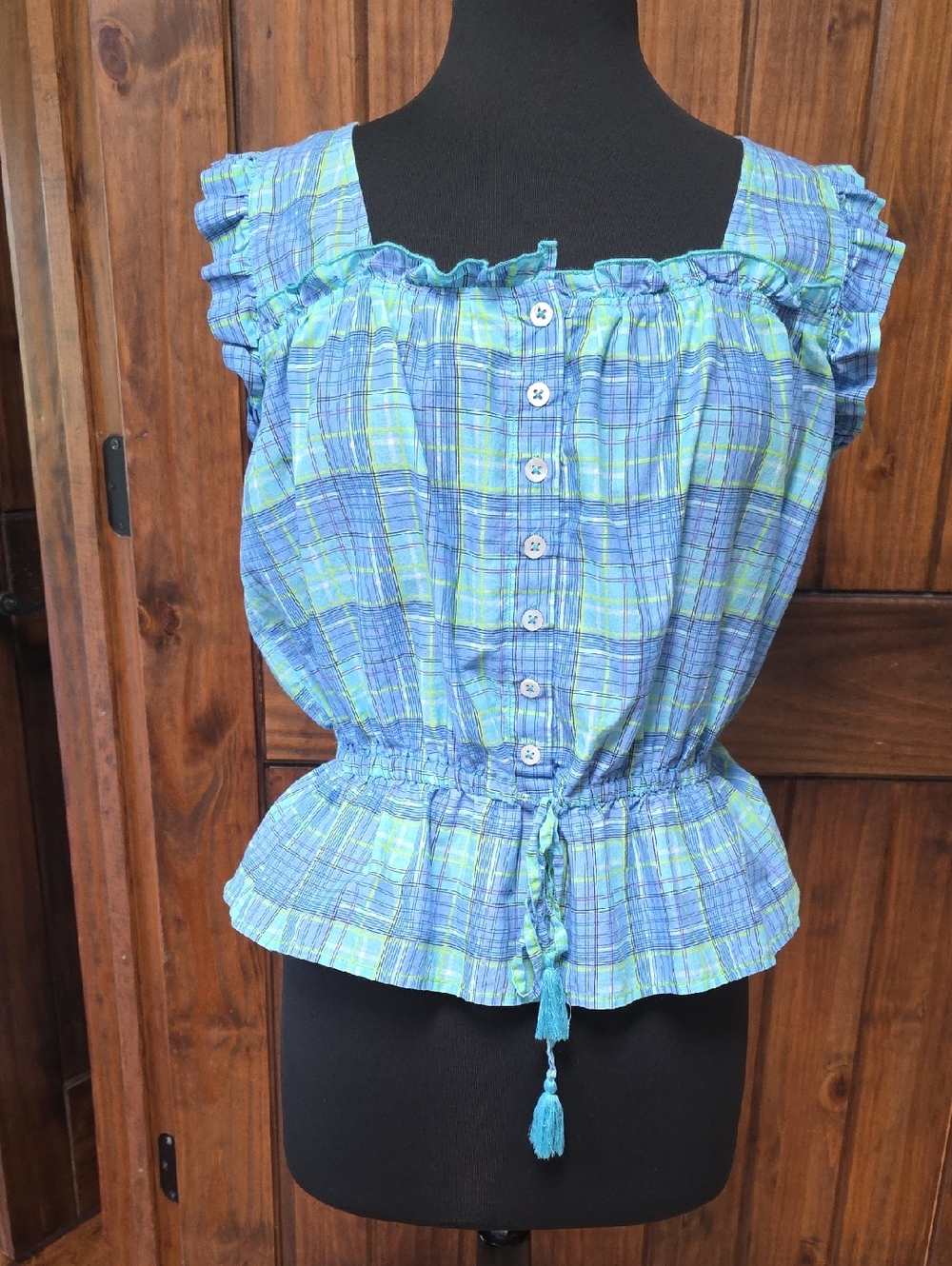 Simply Southern Blue and Green Plaid Ruffle-Sleeve Peplum Top